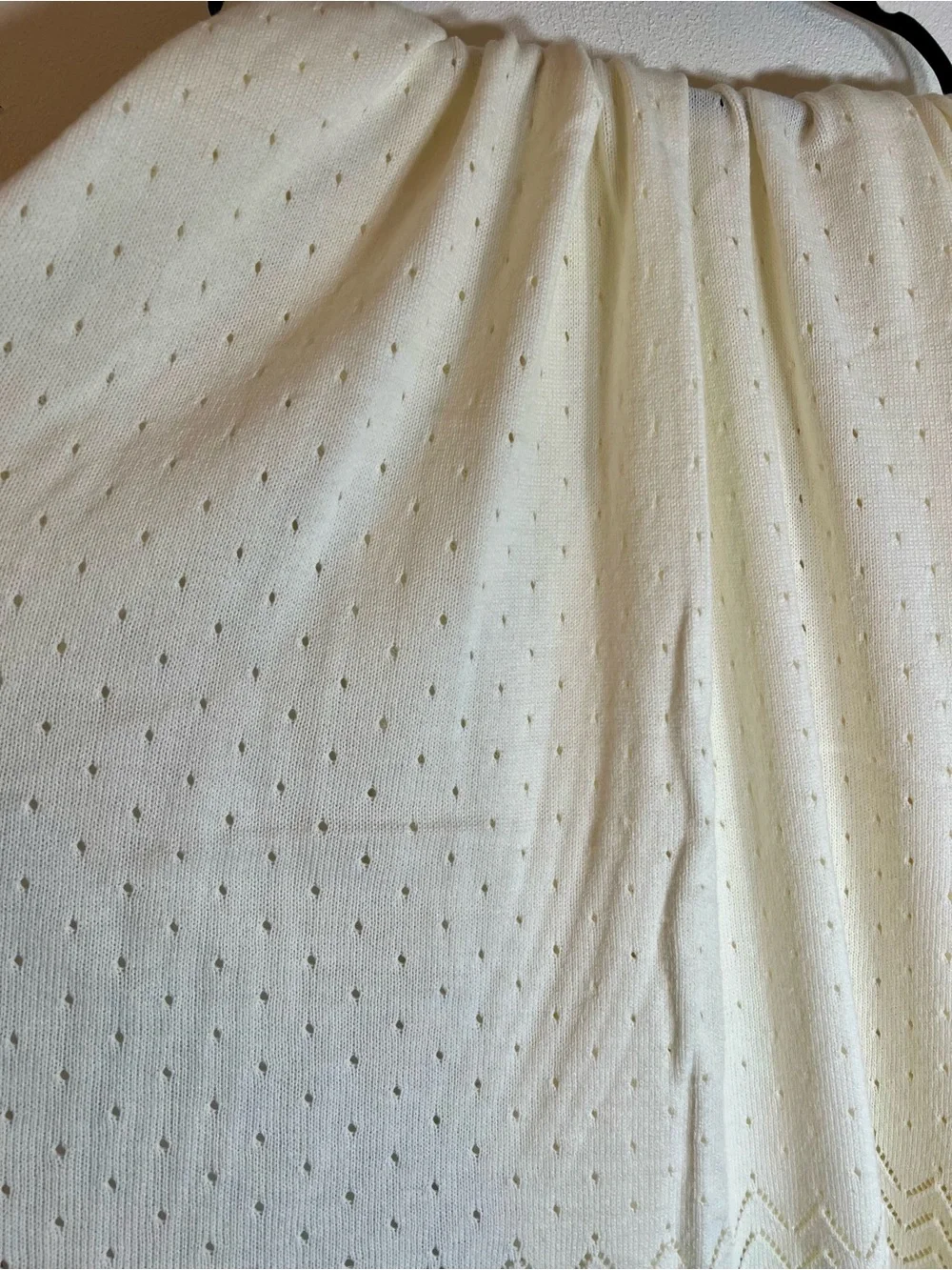 Cream Ivory Open Knit Throw Blanket with Chevron Border